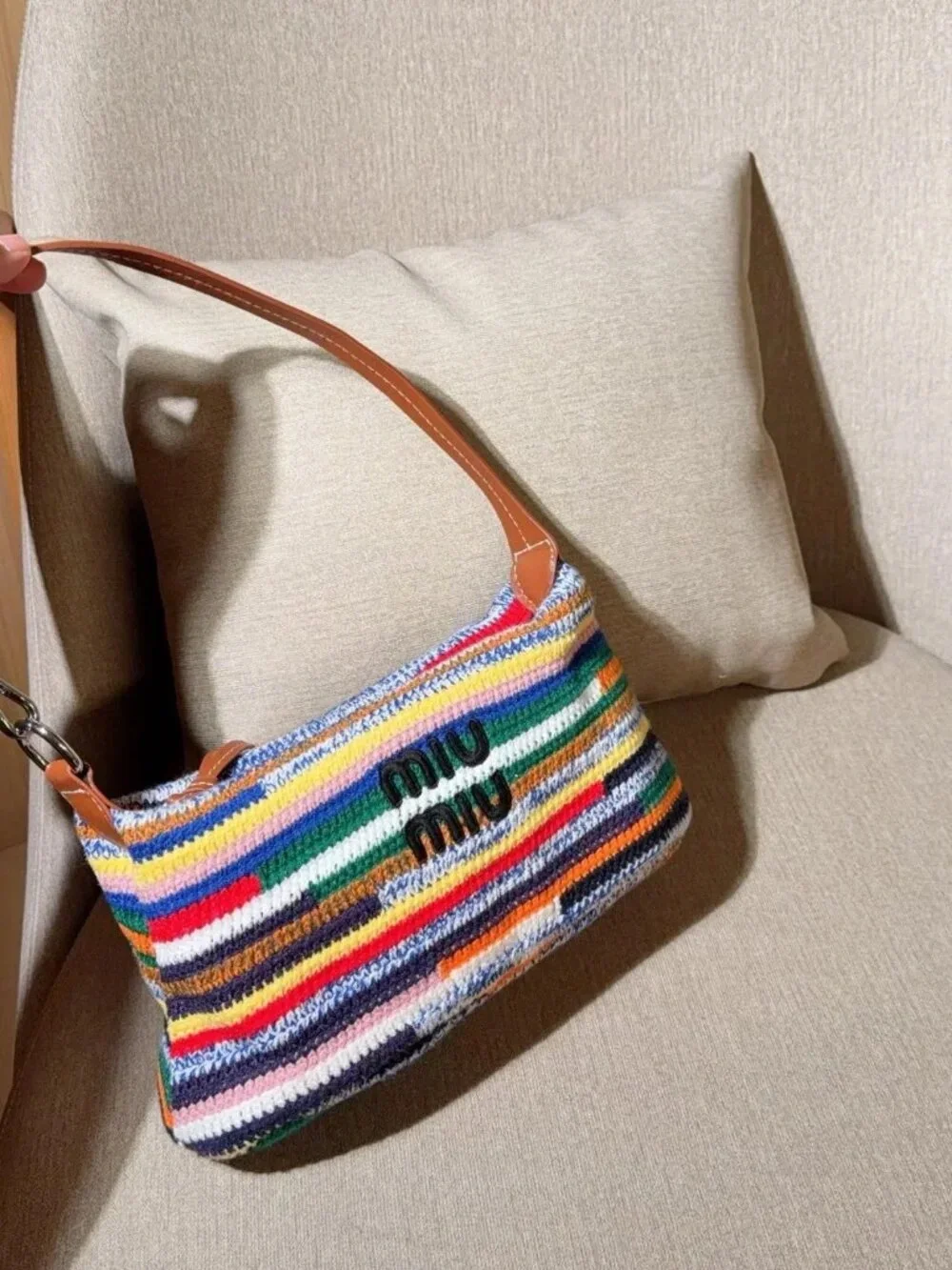 Miu Miu Multicolor Striped Knit Shoulder Bag with Tan Leather Strap